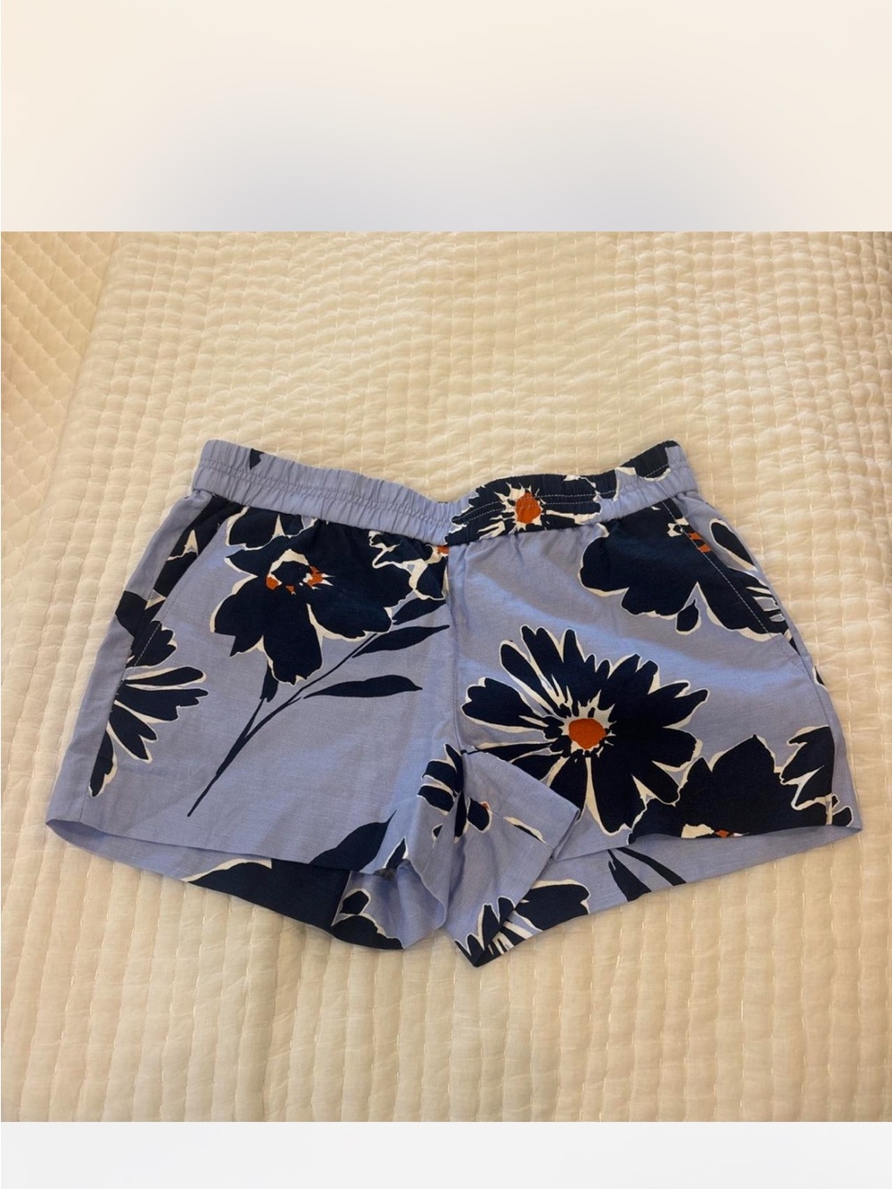 J. Crew Light Blue Floral Athletic Shorts with Navy Flowers and Orange Centers